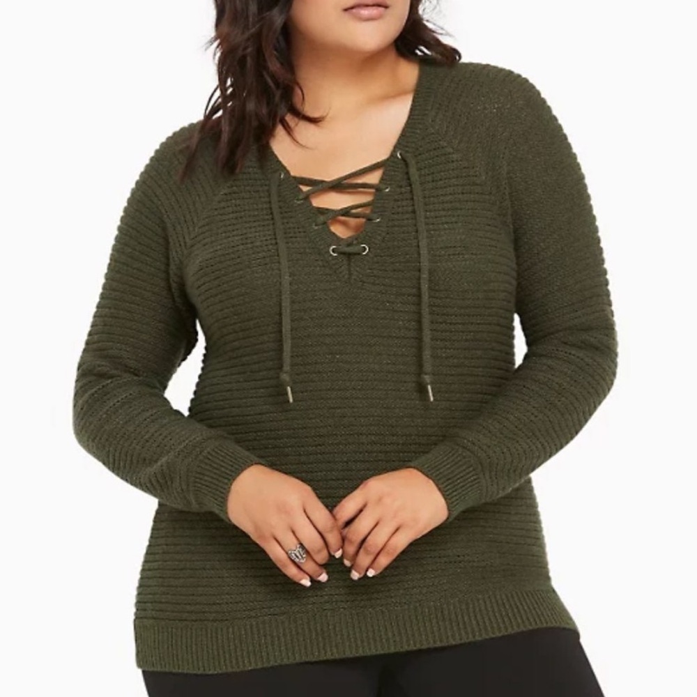 Torrid Olive Ribbed Lace Up Neck Sweater